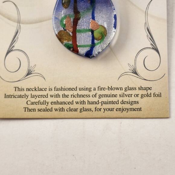 Art Glass Teardrop Pendant Necklace Artisan Beads Cord Curved Cap Statement - Picture 8 of 9